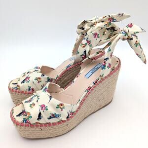 Prada Floral Wedge Espadrille Platform Sandals Self-Tie Accent Size US7.5 EU37.5
